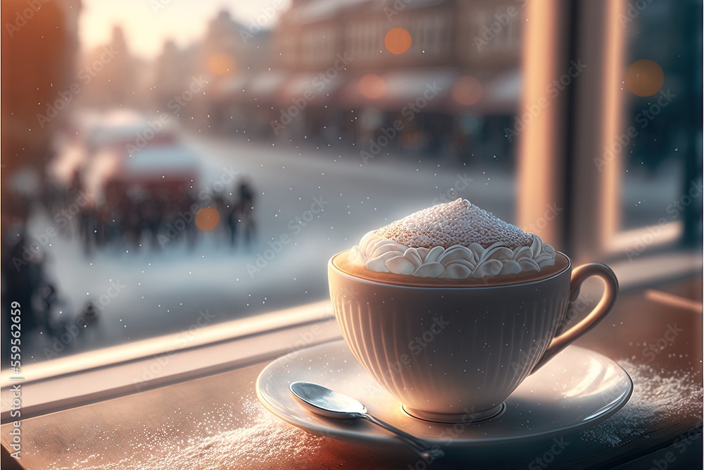 Poster a cup of coffee on a saucer on a table in front of a window with a view of a snowy street and a city