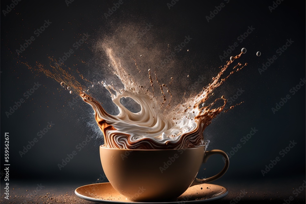 Poster a cup of coffee with a splash of milk on top of it and a saucer on the side of the cup with a saucer