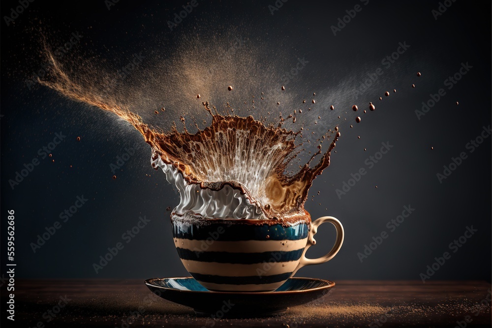 Poster a cup of coffee with a splash of water on top of it and a saucer on the side of the cup with a sauce