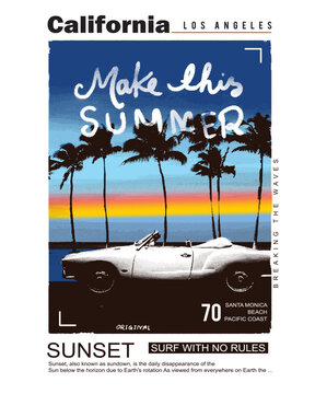 vintage summer graphic tee, sunset 70s graphic beach vibes, typography slogan on palm trees background for summer fashion print
