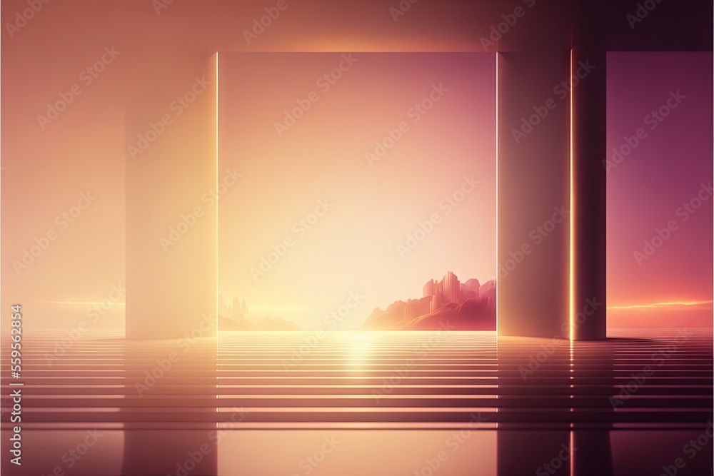 Poster a room with a view of a mountain and a sky with clouds and a sun in the distance with a light shinin
