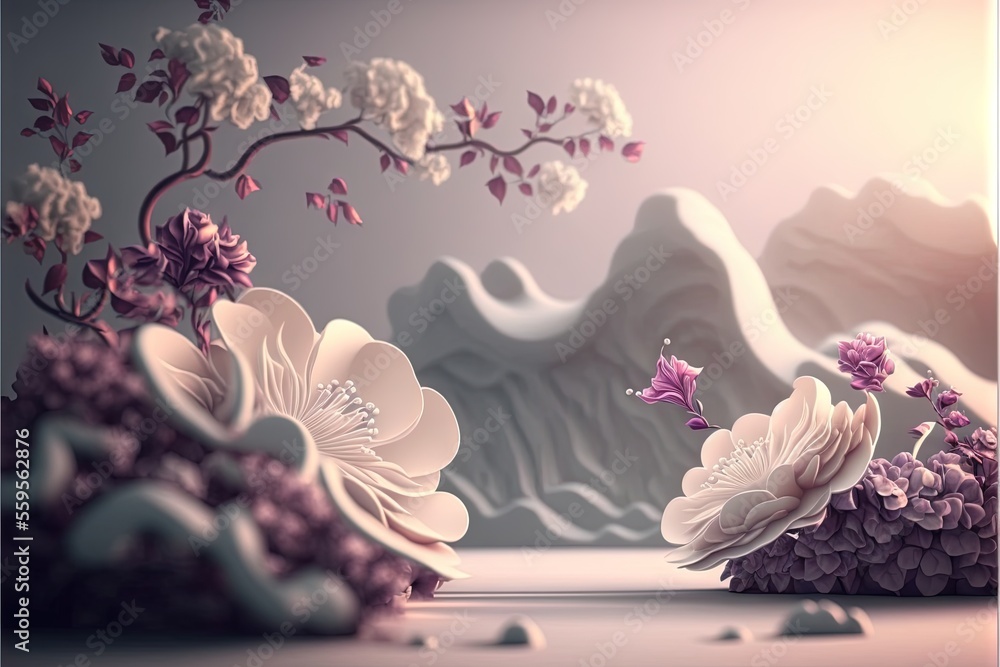 Aufkleber a painting of a flower and a tree with a sky background and a mountain in the background with a few 