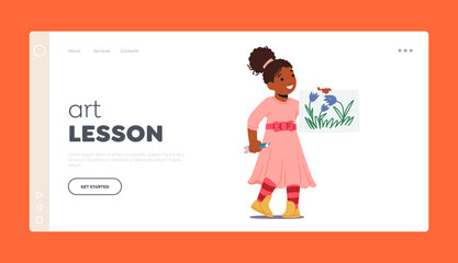 Art Lesson Landing Page Template. Child Painting Hobby or Education Concept. Black Girl Holding Drawings
