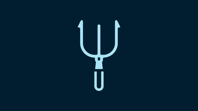 White Neptune Trident icon isolated on blue background. 4K Video motion graphic animation