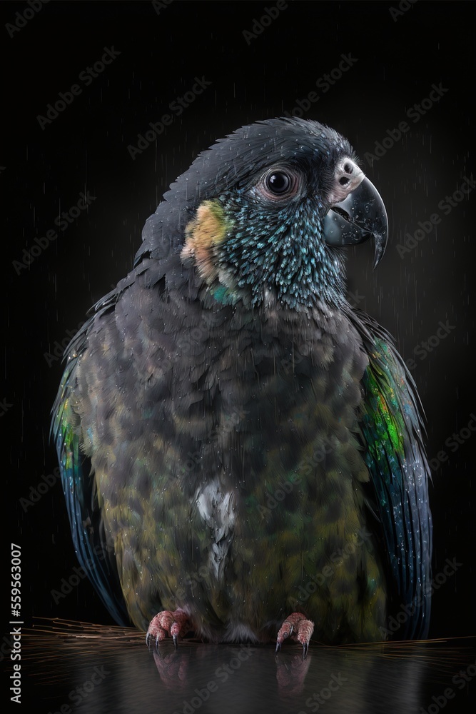 Aufkleber a colorful bird sitting on a table in the rain with a black background and a black background behind
