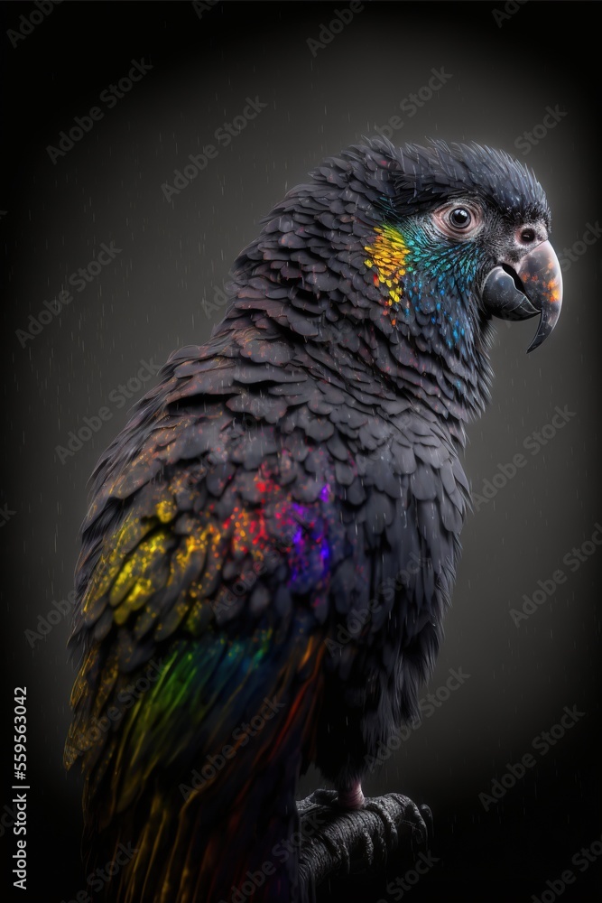 Poster a colorful bird sitting on a branch in the rain with a black background and a black background behin
