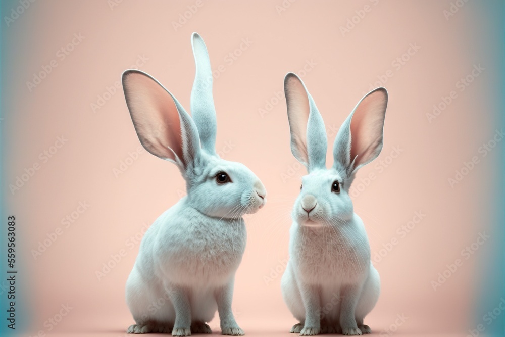 Poster two white rabbits sitting next to each other on a pink background with a blue border around them and