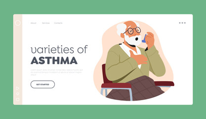 Varieties of Asthma Landing Page Template. Senior Male Character Suffer of Asthma Use Inhaler to Relief Symptoms