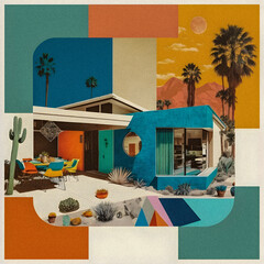 Retro collage, Miami palms and house style illustration, granular texture Generative AI