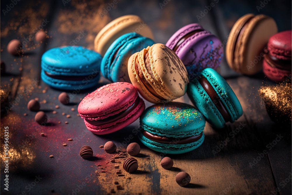 Poster a bunch of colorful macaroons are on a table with chocolate chips and powdered sugar on the table to