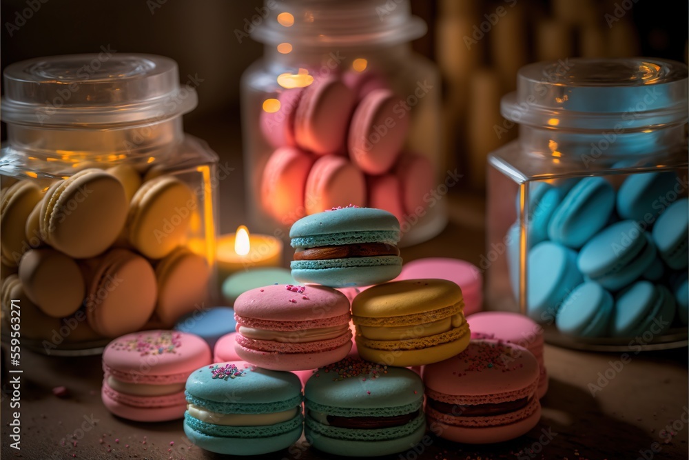Aufkleber a table topped with lots of colorful macaroons next to a jar of candles and a candle holder with a l