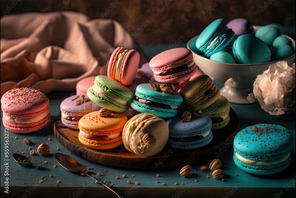 Poster a plate of colorful macaroons and a bowl of macaroons on a table with a spoon and a cloth behind it 