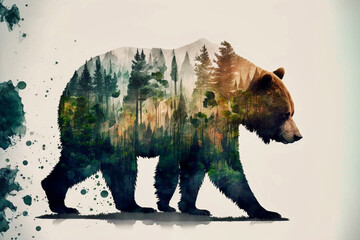 Doppelbelichtung von einem Bär und seinen lebensraum den Wald isoliert auf weißen Hintergrund mit Platzhalter