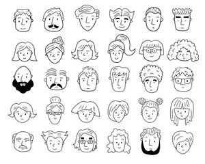 Hand drawn face images in simple black and white doodle style. Hand drawn doodle set. Faces of people.
