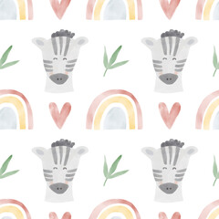 African animals watercolor pattern. Jungle animal zebra seamless watercolor background with rainbow. Hand painted illustration isolated on white background. Nursery wallart