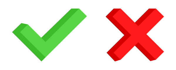 Obraz premium 3d green check mark and red cross vector icon. Correct and wrong. Positive or negative symbol. Sign yes or no.