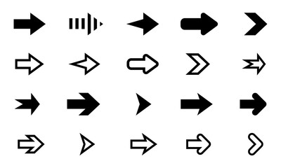 Set of arrows icons vector on white background. Arrow with right direction. Black pointer. Next sign.