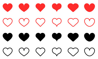 Set of red and black hearts vector icons. Symbol love. Heart shape. Vector 10 Eps.