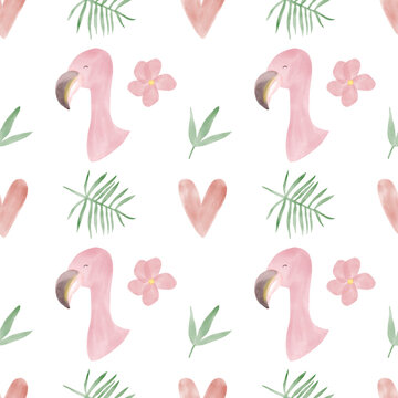 African animals watercolor pattern. Jungle flamingo animal seamless watercolor background with monstera, palm leaves. Hand painted illustration isolated on white background. Nursery wallart
