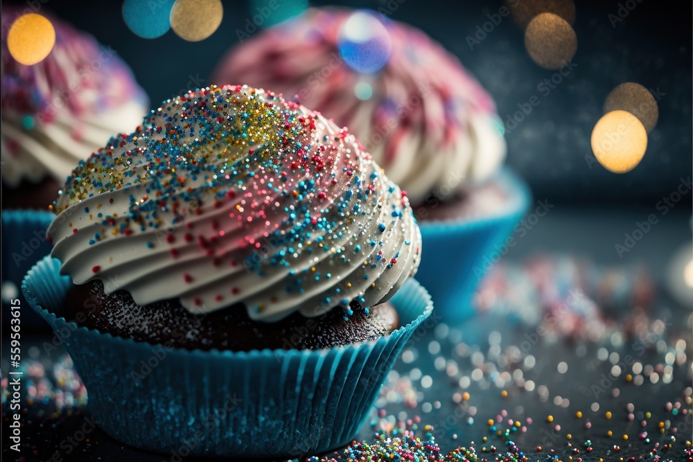 Poster a close up of a cupcake with sprinkles on it and a blurry background of lights and confetti on the t