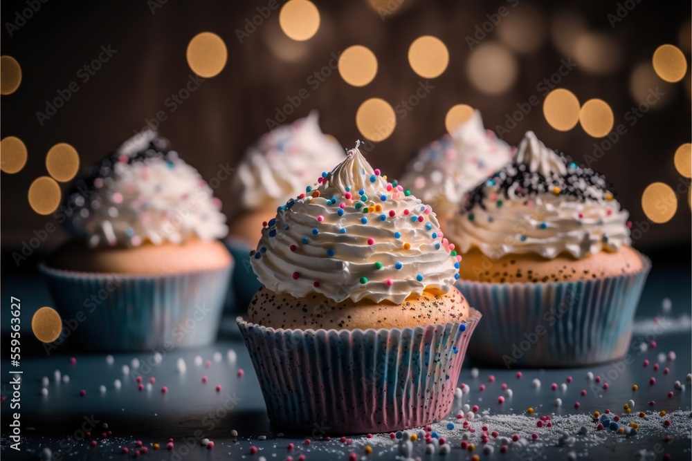 Poster a group of cupcakes with frosting and sprinkles on a table with lights in the background and a blurr