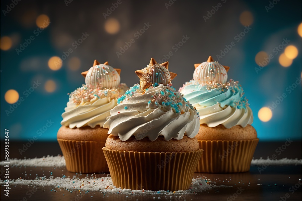 Poster three cupcakes with frosting and sprinkles on a table with lights in the background and a blue backg