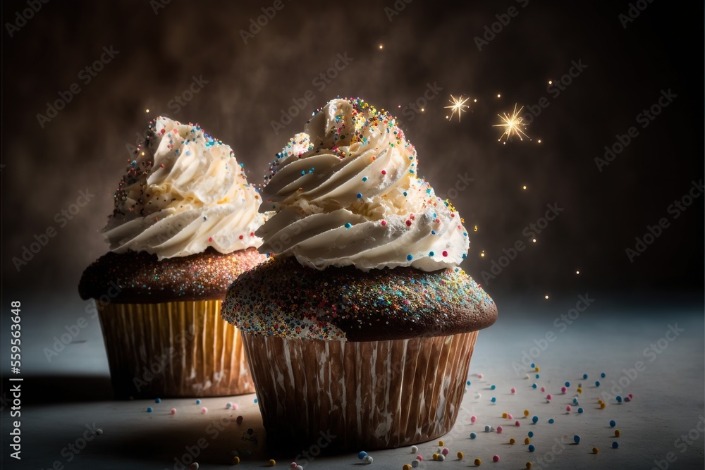 Poster two cupcakes with white frosting and sprinkles on a table with a sparkler in the background and a da