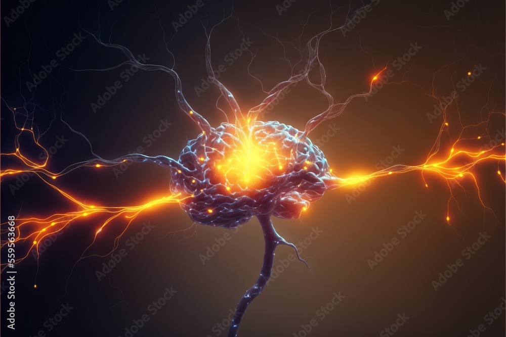 Poster a computer generated image of a brain and electrical wires in a dark background with a yellow glow c