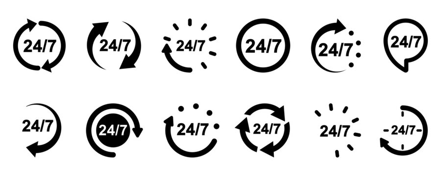 Set of 24/7 vector icons. Always open. 24h on day service or delivery. Online support.