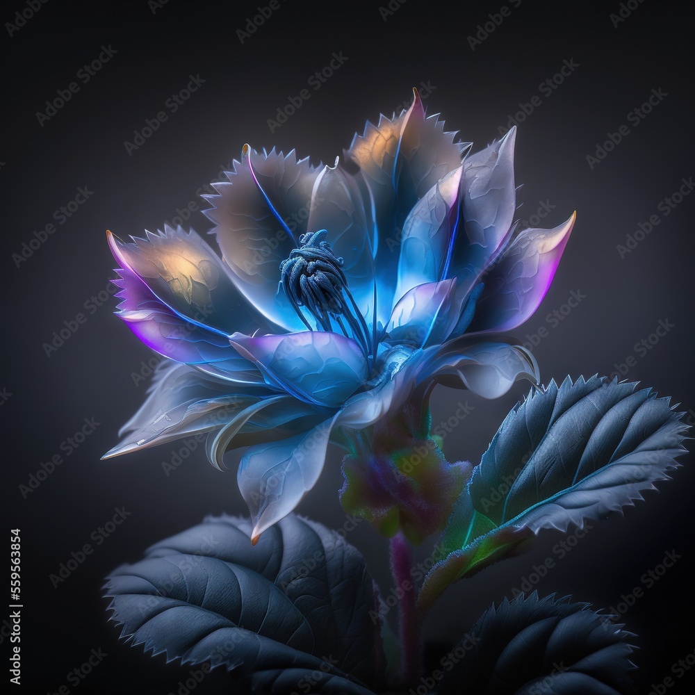 Poster a blue flower with green leaves on a black background with a black background behind it and a black 