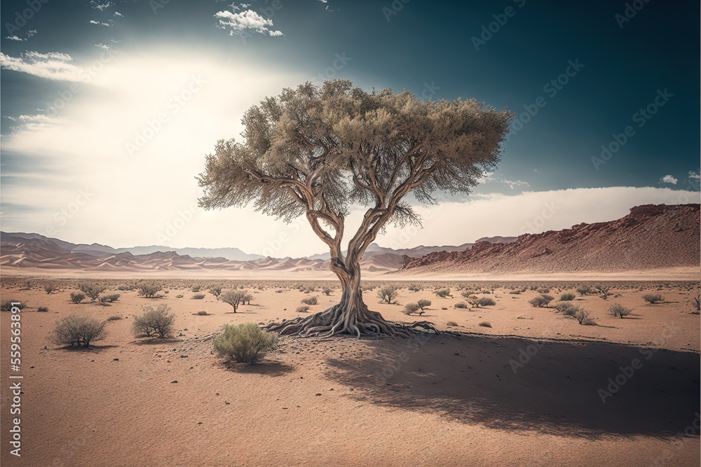 Poster a lone tree in the middle of a desert landscape with mountains in the background and a blue sky with