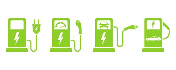Set of charge stations for electric auto. Charger and plug for car. Vector green icons set.