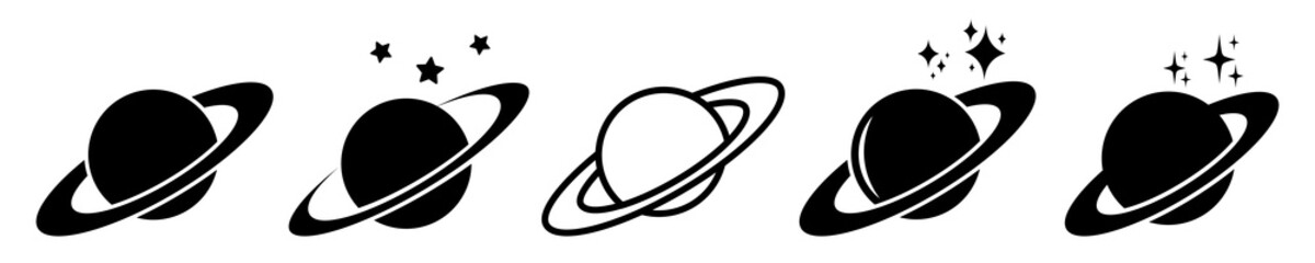 Set of planets vector icons. Planet Saturn with stars - black silhouette. Vector 10 Eps.