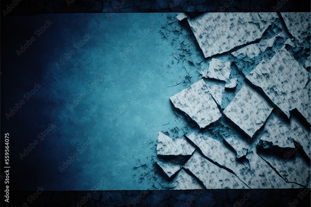 Poster a blue background with a bunch of broken pieces of paper on it and a black border around the edges o