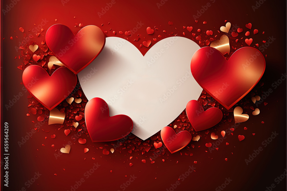 Poster a red background with hearts and a white paper with gold foil on it and a red background with hearts