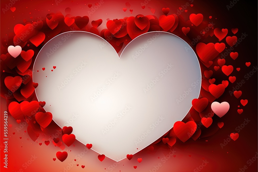 Poster a heart shaped frame with many hearts around it on a red background with a white center and a white 