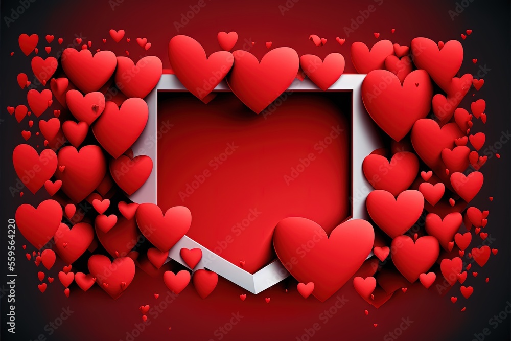 Poster a red heart shaped frame with hearts surrounding it on a black background with a white border around