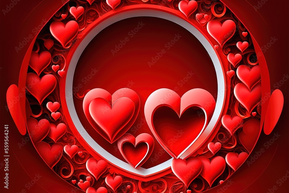 Poster a circle of hearts with a red background and a white circle with a silver border on the center of th