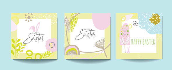 modern scandinavian style hand drawn illustrations in a serires of happy easter cards