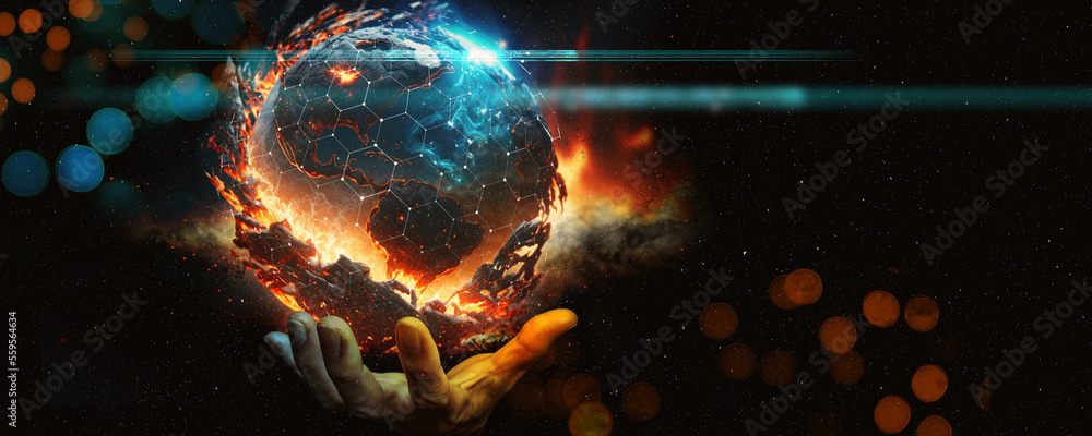 Poster Hand showing Communication technology for internet business. Global world network and telecommunication on earth cryptocurrency and blockchain and IoT.