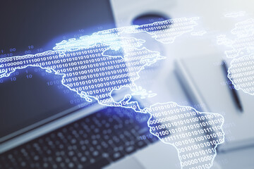 Digital America map on modern computer background, global technology concept. Multiexposure