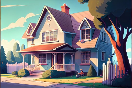 Generic image of a suburban two-story house on a nondescript street made to look like 2D modern animation by Generative AI.