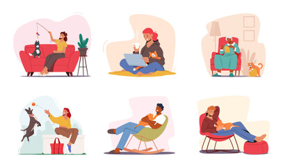 Fototapeta premium Set Of People Spend Time With Cats And Dogs. Male And Female Characters Playing, Hugging With Pets Vector Illustration