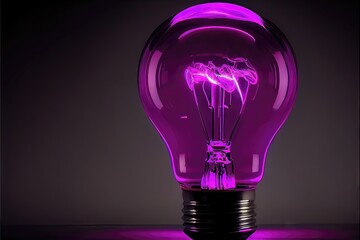 Colorful magenta light bulb - neon colored traditional light bulb . Created by generative AI to replicate photorealism.