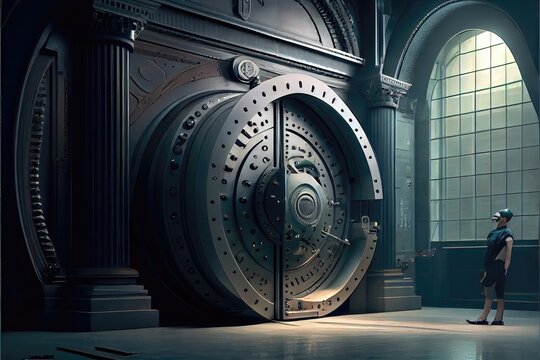 Bank Vault Door - Large and heavy bank vault keeps money and valuables secure. This 3D shaded photorealistic image was created by generative AI