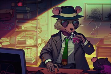 A rat wearing a suit and hat sitting at a desk working his remote job on the laptop. There's no monkeying around in this generative AI image with a modern artistic style