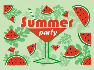 Pieces of watermelon and watermelon leaves on a green background. Summer party