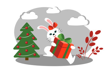 A white bunny runs with a gift in his hands. Christmas tree with red balls. Merry Christmas and Happy New Year