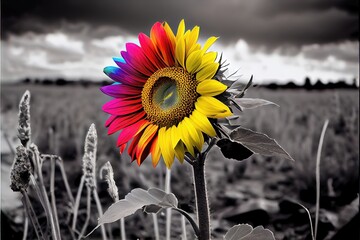 Selective color image of a bright and vibrant sunflower on grayscale background. Natural beauty made to look like photorealistic nature photo. Generative AI