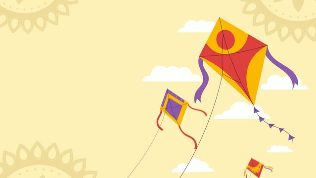 Happy Makar Sankranti (Uttrayan) Wish Animation Background with Colorful Kites.